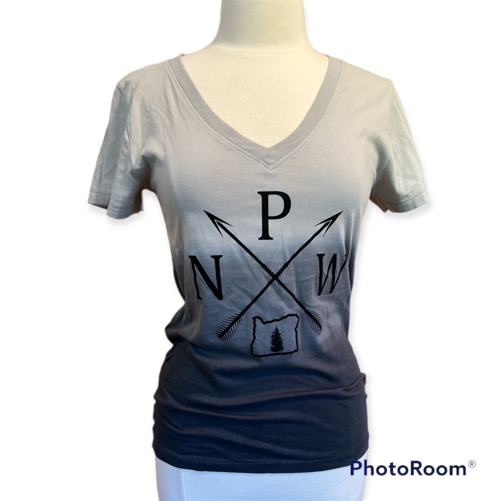 Exist PNW Oregon Silver Ombré 100% Cotton V Neck Tee Size Small/Medium NWT